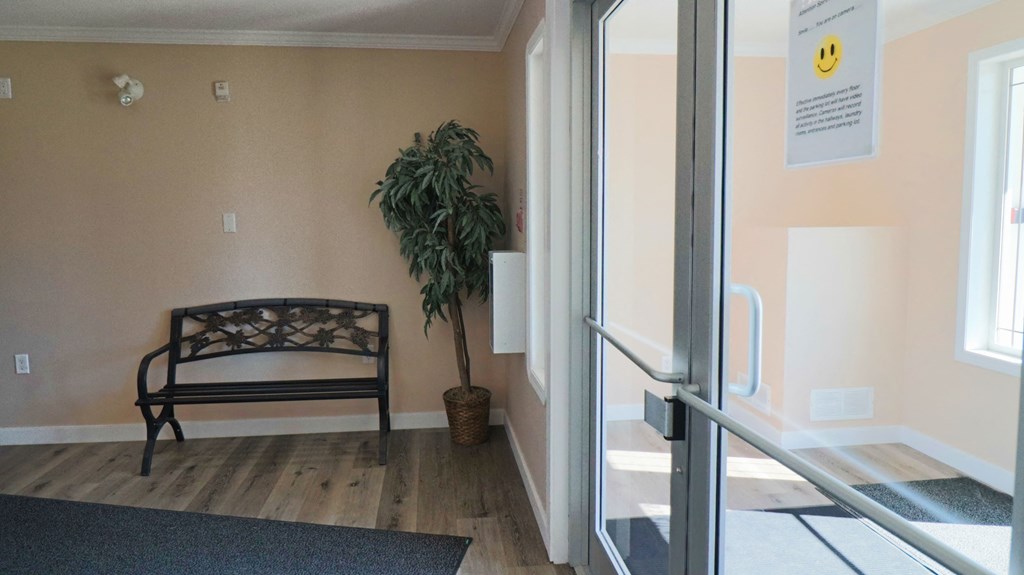 a waiting room with a bench and a potted plant