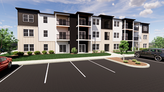a rendering of an apartment building with cars parked in a parking lot