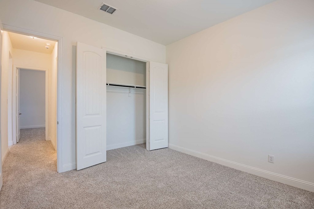 a bedroom with a closet and an open door