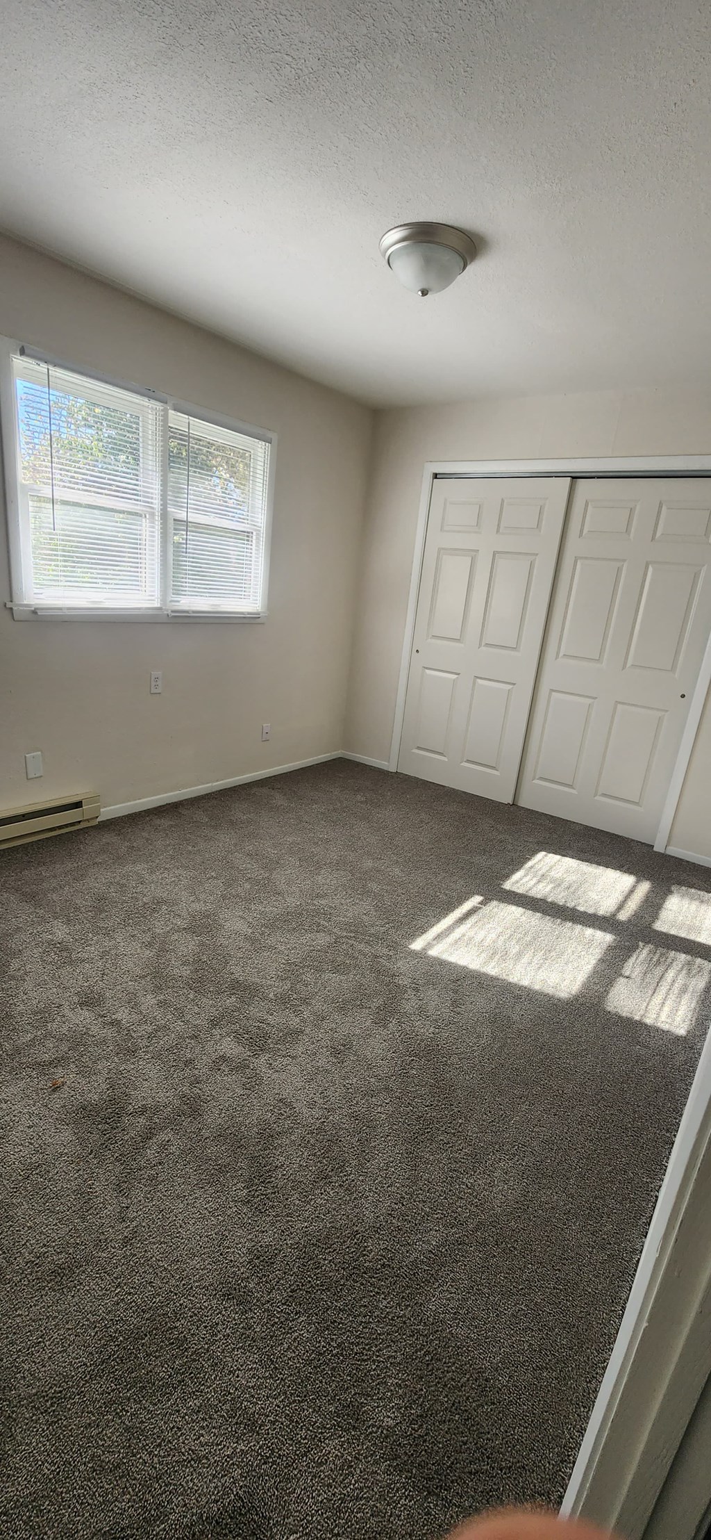an empty room with carpet and a white door and window