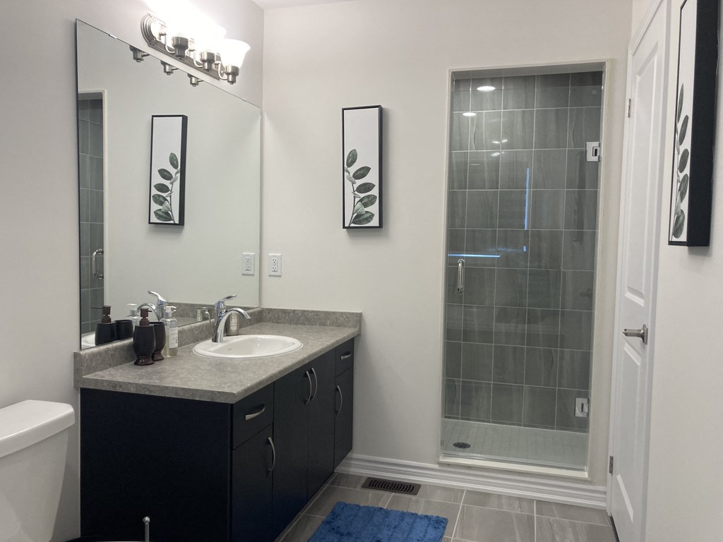 a bathroom with a sink and a shower and a mirror