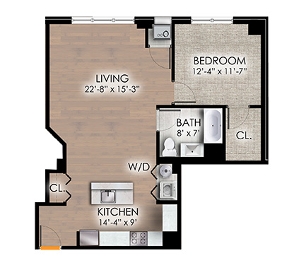 One bedroom floor plan with angled living space at Park Bayonne Apartments, Bayonne, NJ 07002