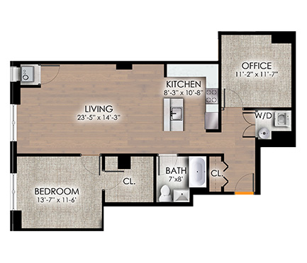 One bedroom floor plan with home office space at Park Bayonne Apartments, Bayonne, New Jersey