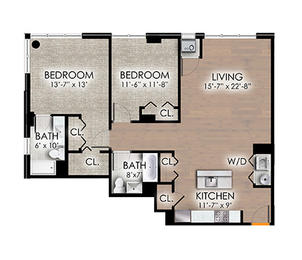 Two bedroom apartment floor plan with dual bathrooms at Park Bayonne Apartments, Bayonne
