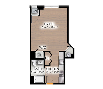 Studio floor plan with open concept design at Park Bayonne Apartments, Bayonne, NJ