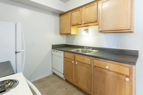 a kitchen with wooden cabinets and a sink and a refrigerator