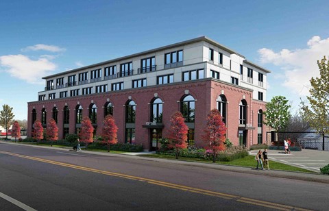 a rendering of a proposed office building on the corner