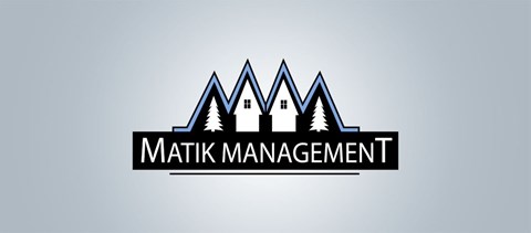 The image is a logo for Matik Management, featuring a stylized mountain range with houses on top.