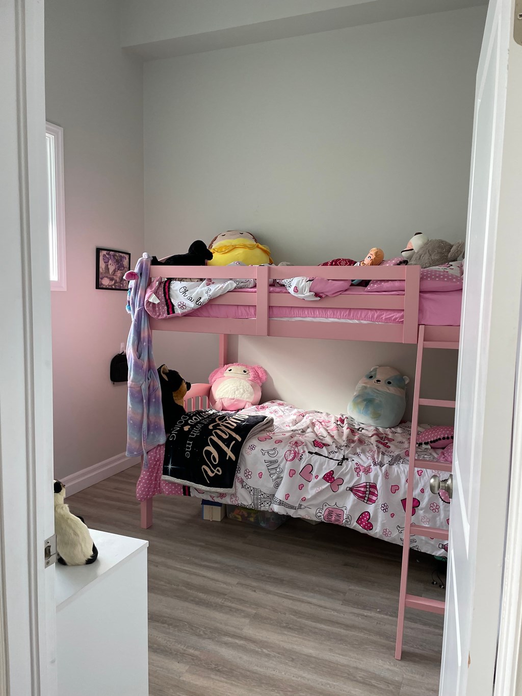 A pink bunk bed with a cat sitting on a white dresser.