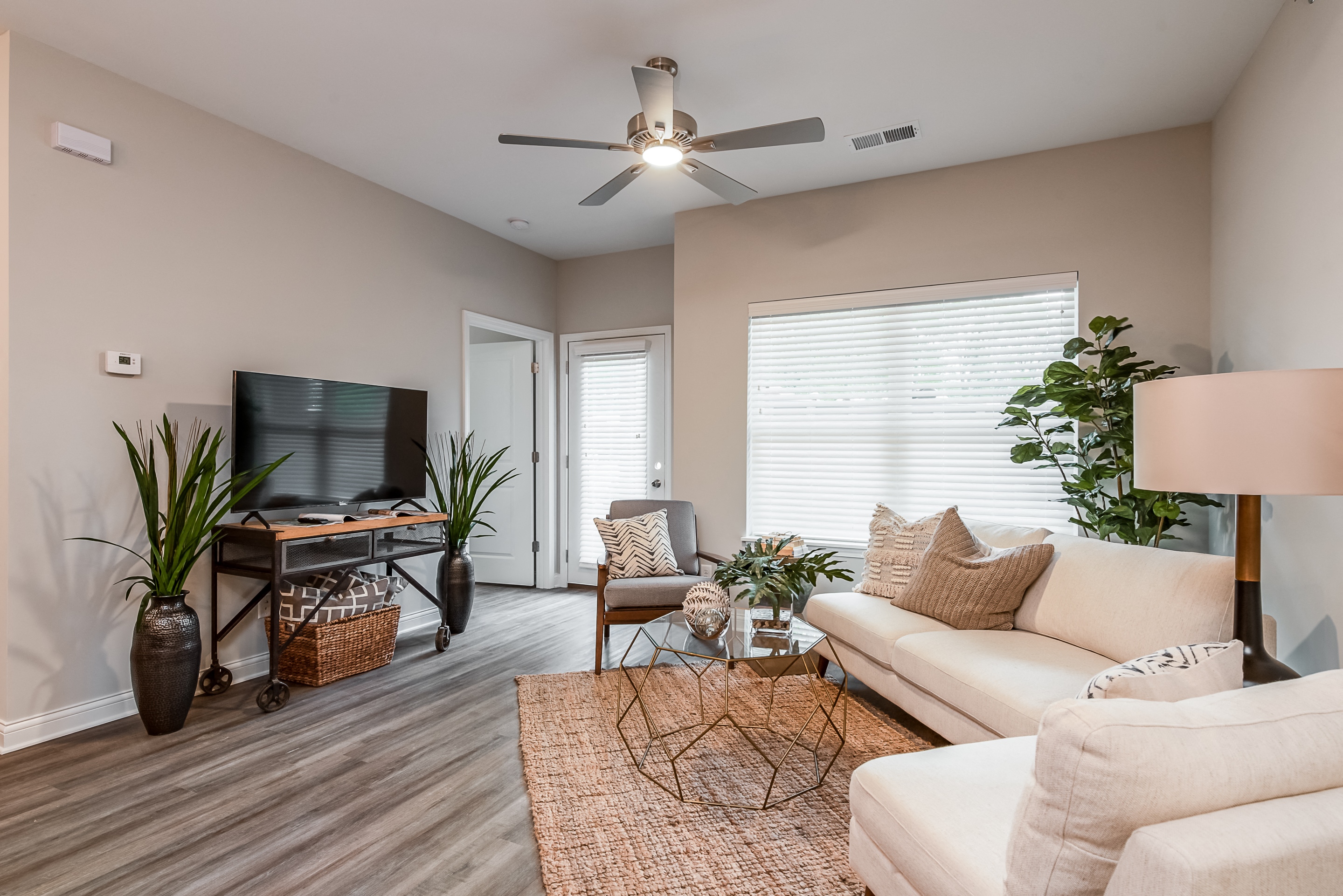 an open living room with a couch and a tv