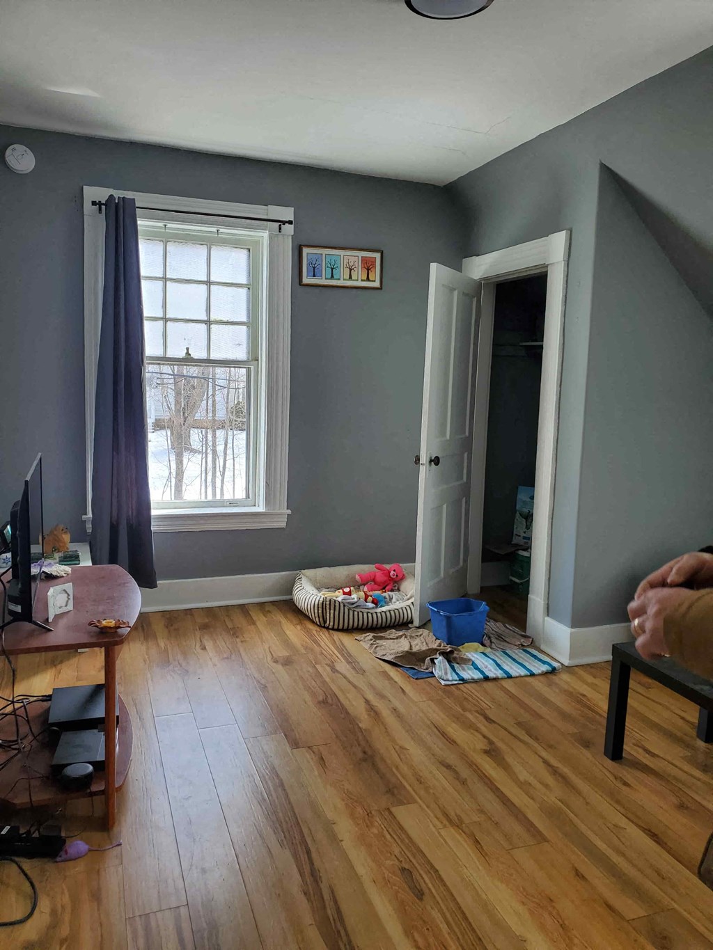 a living room with a hard wood floor and a window
