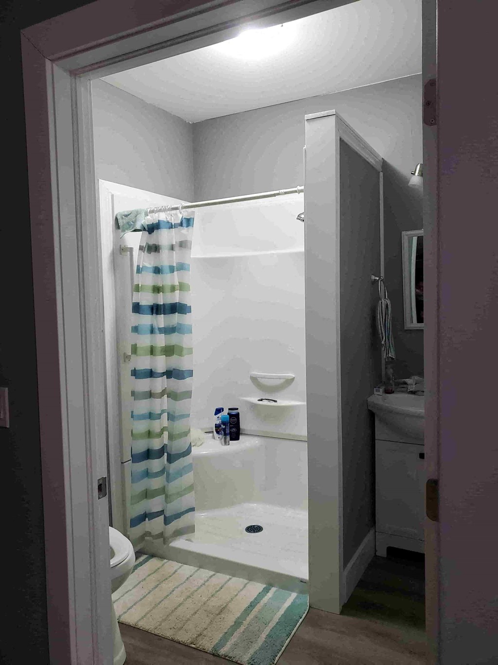 a small bathroom with a shower and a sink