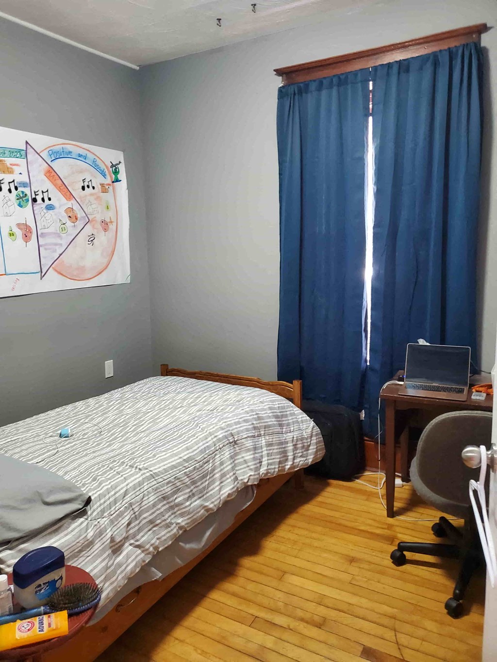 a bedroom with a bed and a desk