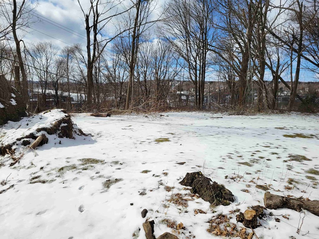 a snow covered pond with trees in the background
