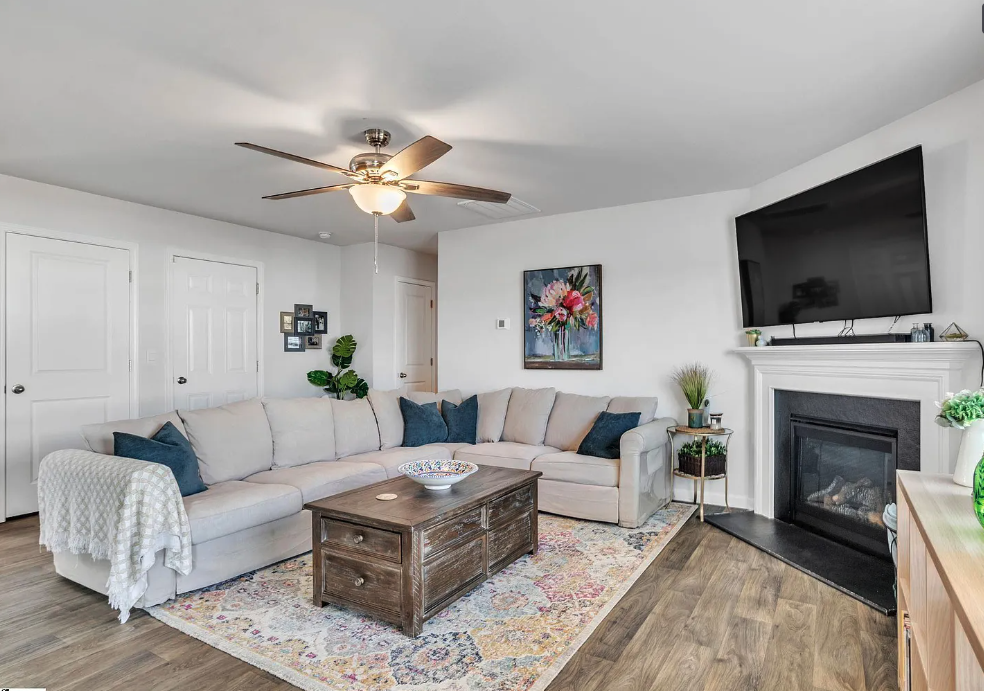 a living room with a couch and a tv and a fireplace