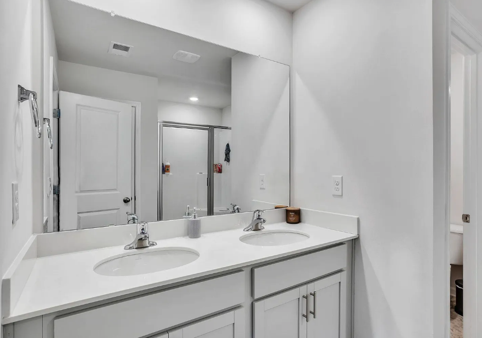 a bathroom with two sinks and a large mirror