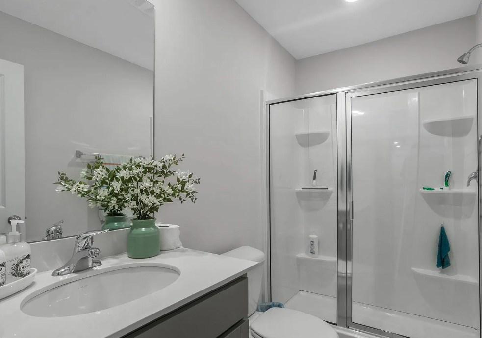a bathroom with a shower and a sink