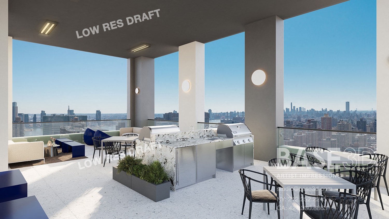 a rendering of a rooftop restaurant with a view of the city