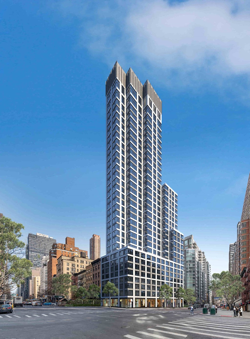 a rendering of a tall building on a city street