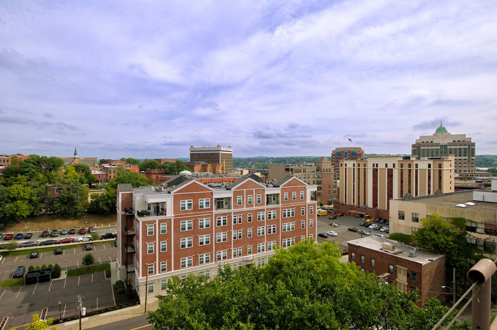 the view of the city from the top of a building
