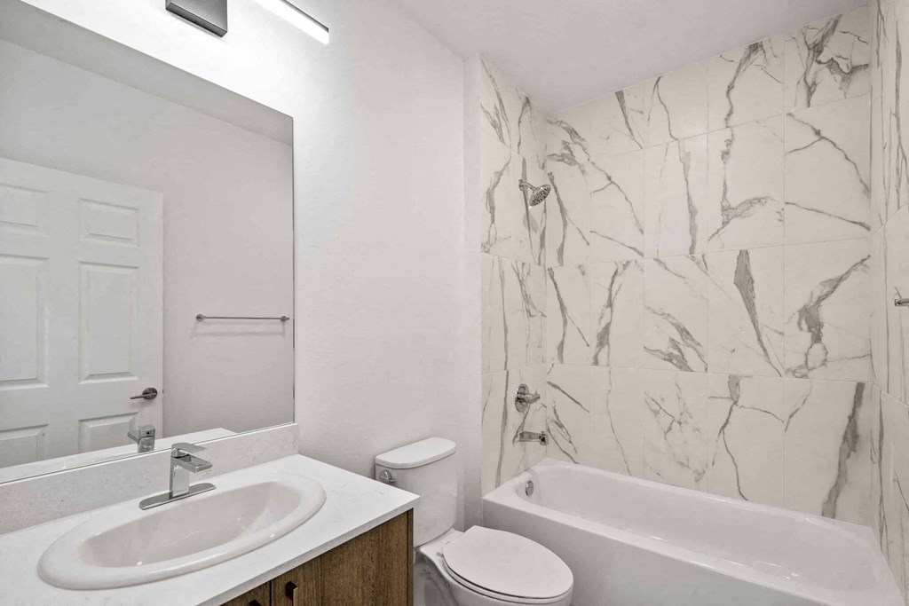 a bathroom with a sink and a toilet and a bath tub