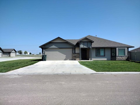 A house with a grey roof and a driveway in front.