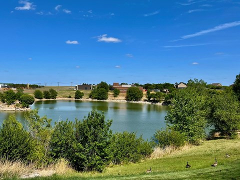 A serene landscape with a lake, greenery, and a few buildings in the distance.