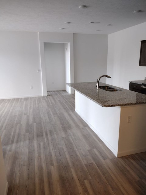 A kitchen with a sink and a counter.