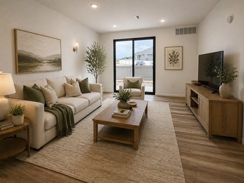 A living room with a white couch, a wooden coffee table, and a flat-screen TV.