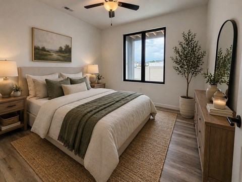 A bedroom with a bed, nightstands, and a ceiling fan.