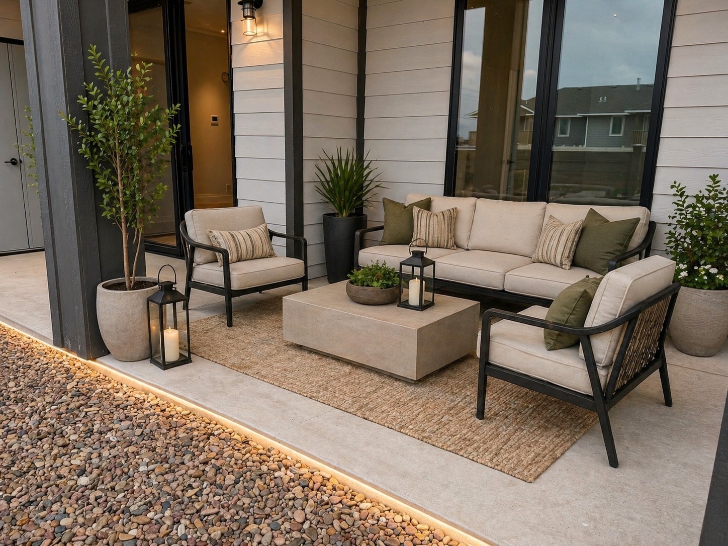 A patio with a couch, chair, and table with pillows.