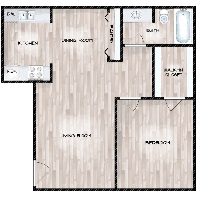 1 Bedroom 1 Bath Floor Plan at Boston Woods Apartments, San Antonio TX, TX