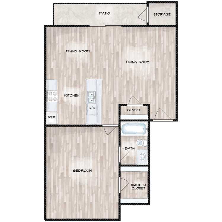 1 Bedroom Floor Plan at Boston Woods Apartments, San Antonio TX, Texas