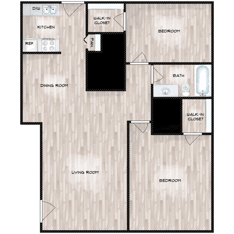 2 Bed  1 Bath Floor Plan at Boston Woods Apartments, Texas