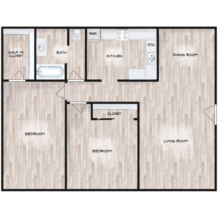 2 Bedroom  1 Bath Floor Plan at Boston Woods Apartments, Texas, 78201