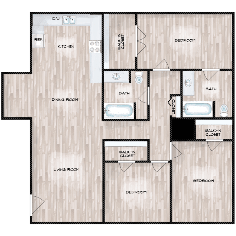 3 Bed 2 Bath Floor Plan at Boston Woods Apartments, San Antonio TX, Texas