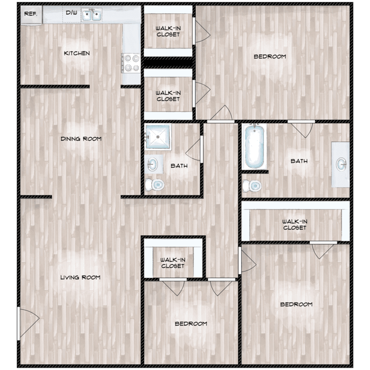 3 Bedroom 2 Bathroom Floor Plan at Boston Woods Apartments, San Antonio TX, 78201