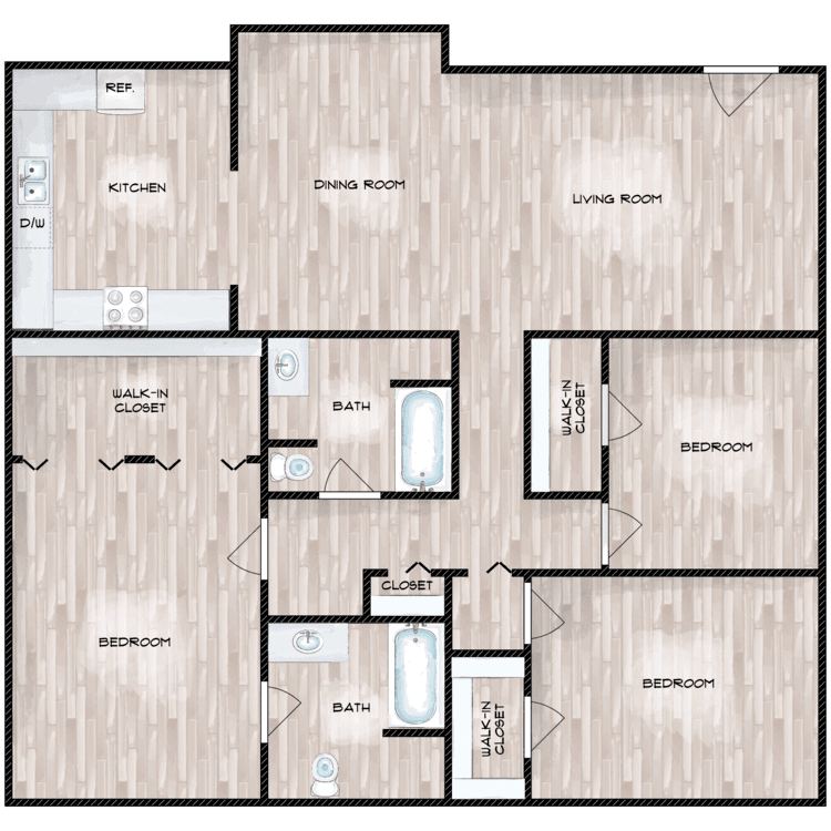 3 Bed 2 Bath Floor Plan at Boston Woods Apartments, San Antonio TX