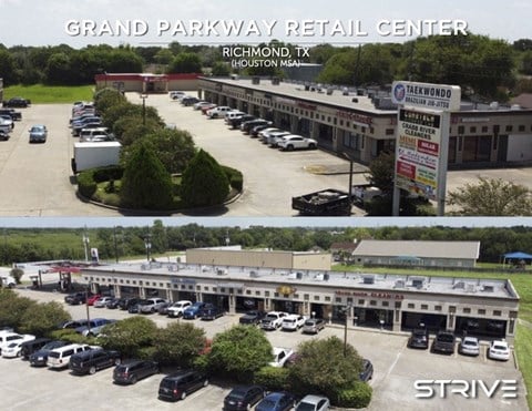a composite photo of the grand parkway dental center and a parking lot with cars