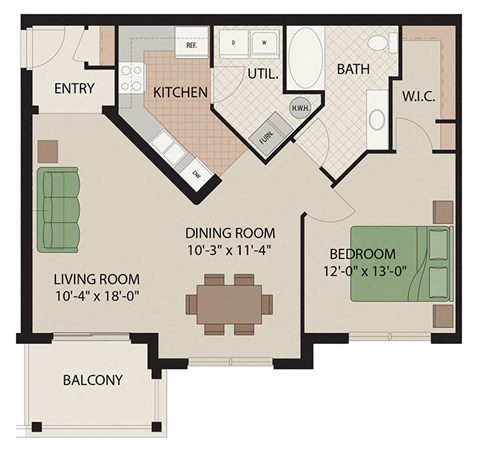 1 Bed 1 Bath Floor Plan at Claremont Apartments, Exton, PA, 19341