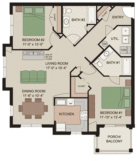 1-bedroom, 1-bathroom floor plan at Claremont Apartments in Exton, PA, 19341