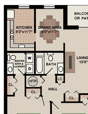 Alpine two bedroom one and a half bathroom apartment floor plan in West Chester, PA