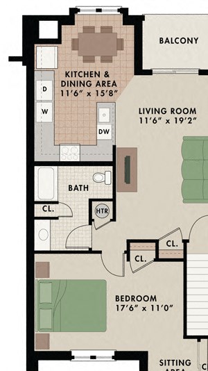 One bedroom one bathroom Breckenridge apartment floor plan in West Chester, PA with balcony