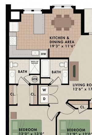 Two bedroom two bathroom Killingston apartment floor plan at New Kent