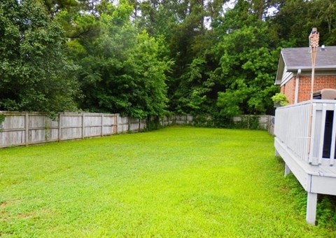 A backyard with a wooden fence and a green lawn.