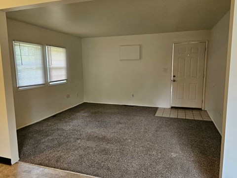 a empty room with a carpeted floor and a white door