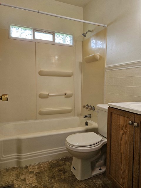 a bathroom with a toilet and a bath tub