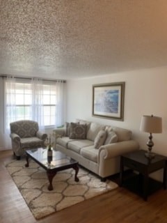 A living room with a couch, chair, and coffee table.