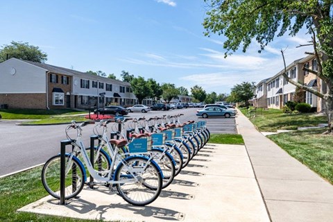 a row of bikes parked on a sidewalk