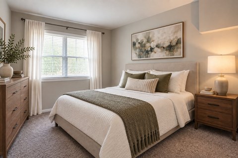 A bedroom with a large bed, a nightstand, and a window with curtains.